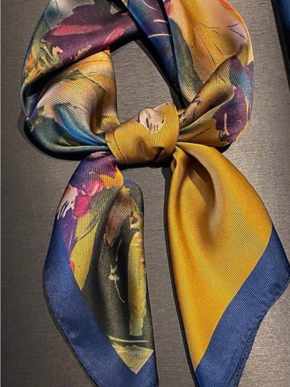 Vintage Inspired Floral Satin Square Scarf Navy Gold Iris Print